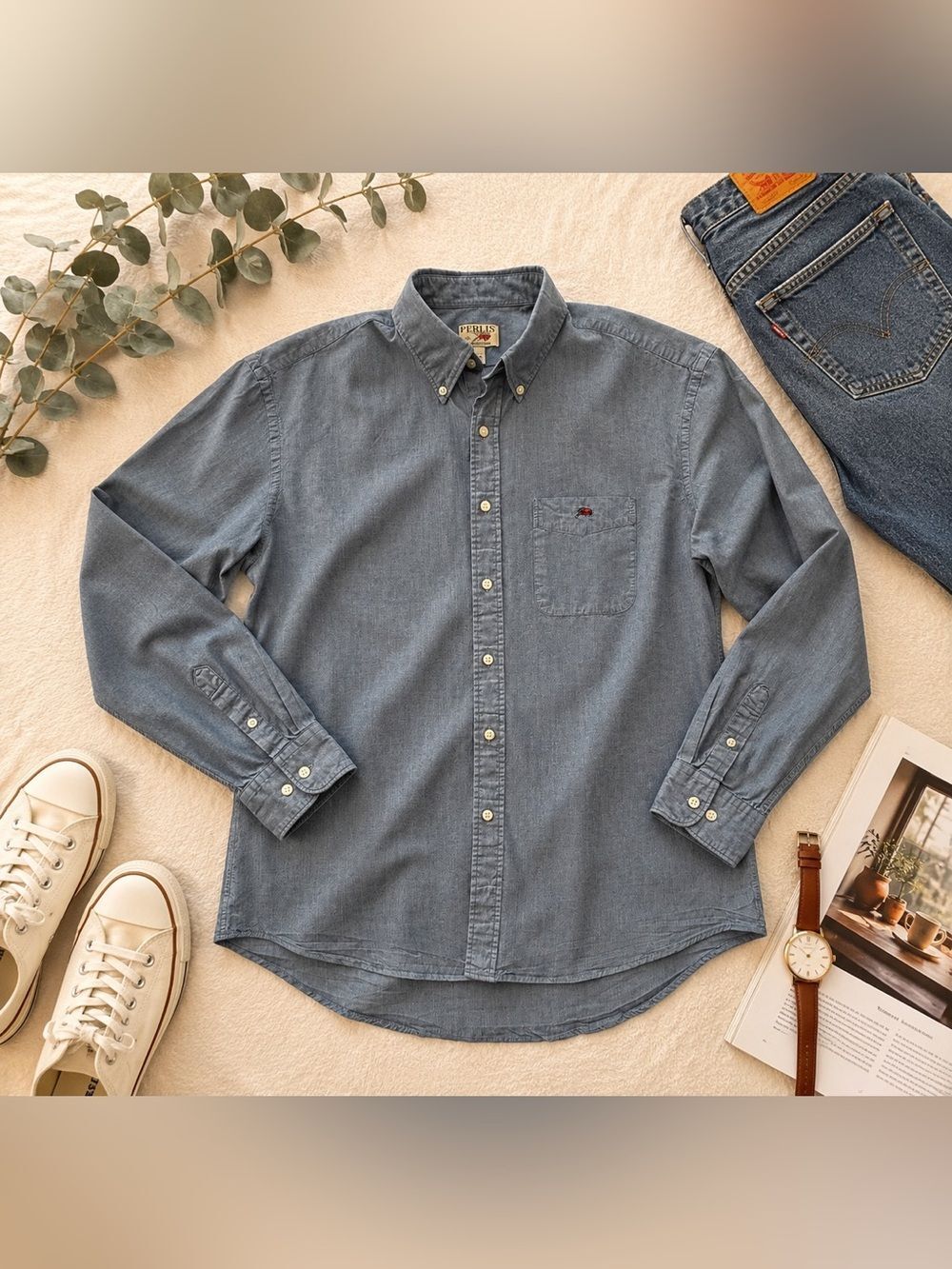 Perlis Men’s 100% Cotton Button-Down Shirt Gray Long Sleeve Size L
